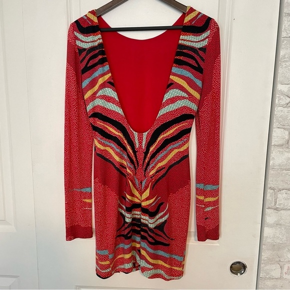 Mara Hoffman Phoenix Red Printed long sleeve dress stretch low back - Picture 7 of 13